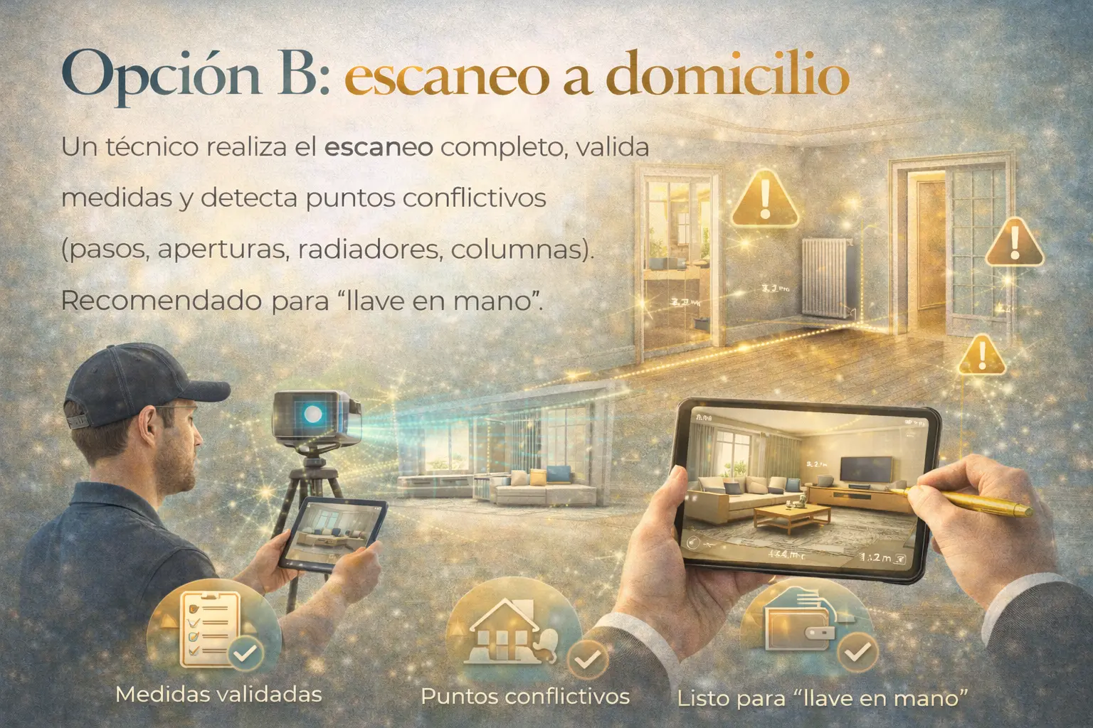 Escaneo 3D LiDAR a domicilio realizado por técnico para diseño de interiores preciso