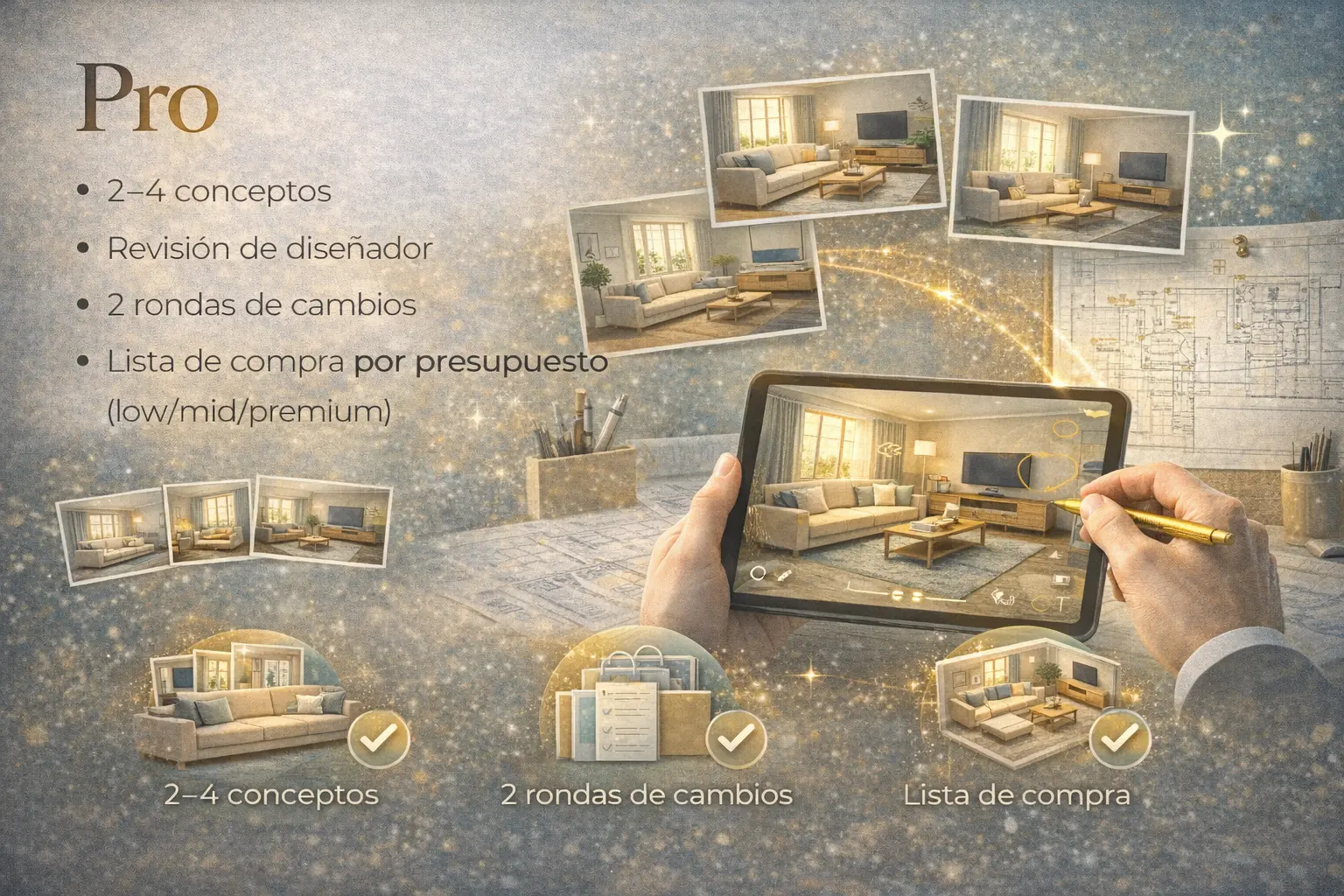 Pack Pro de diseño de interiores con IA con revisión de diseñador y múltiples conceptos