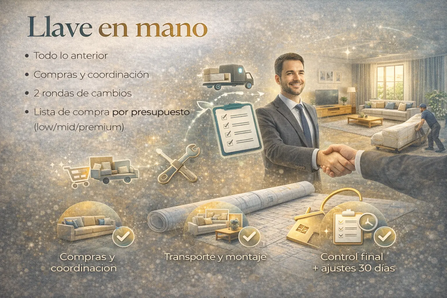 Pack llave en mano de diseño de interiores con gestión completa de compras, transporte y montaje