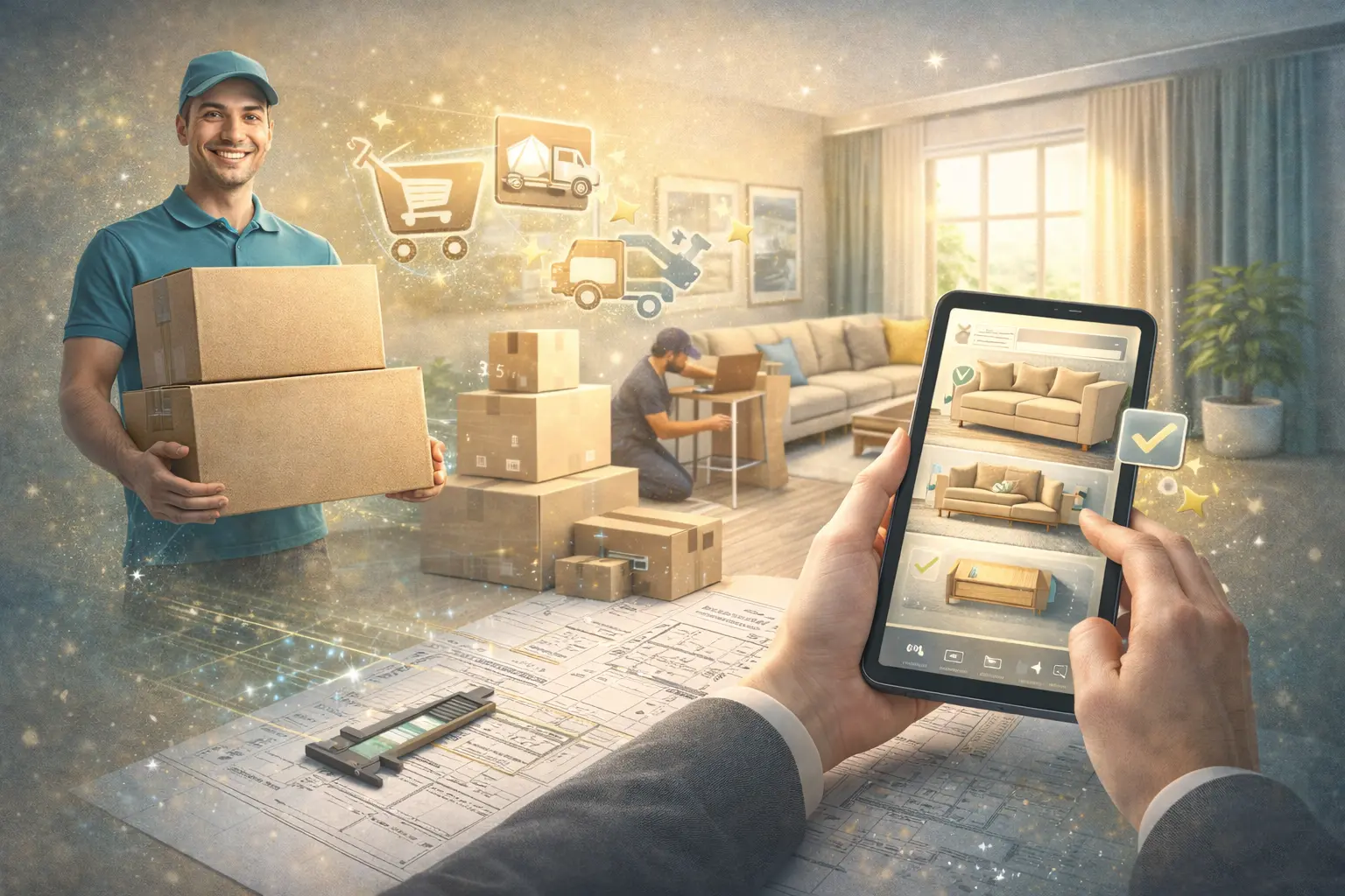 Proceso fácil de diseño de interiores con compras, entregas y montaje gestionados