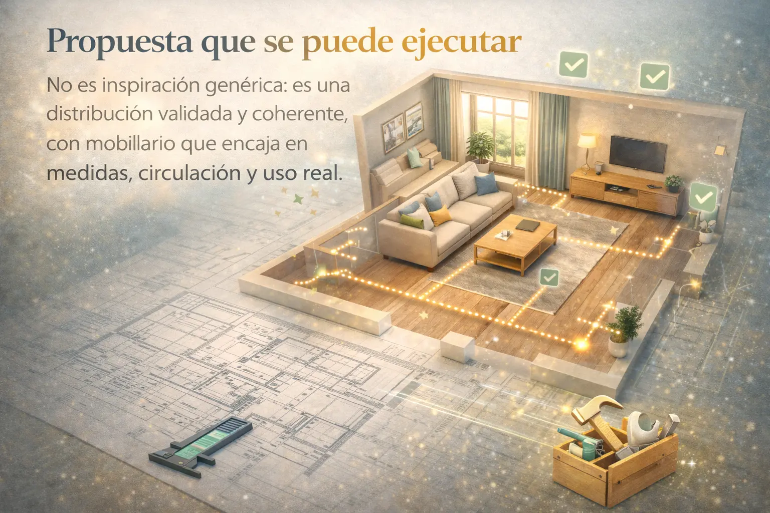 Propuesta de diseño de interiores ejecutable con distribución validada y medidas reales