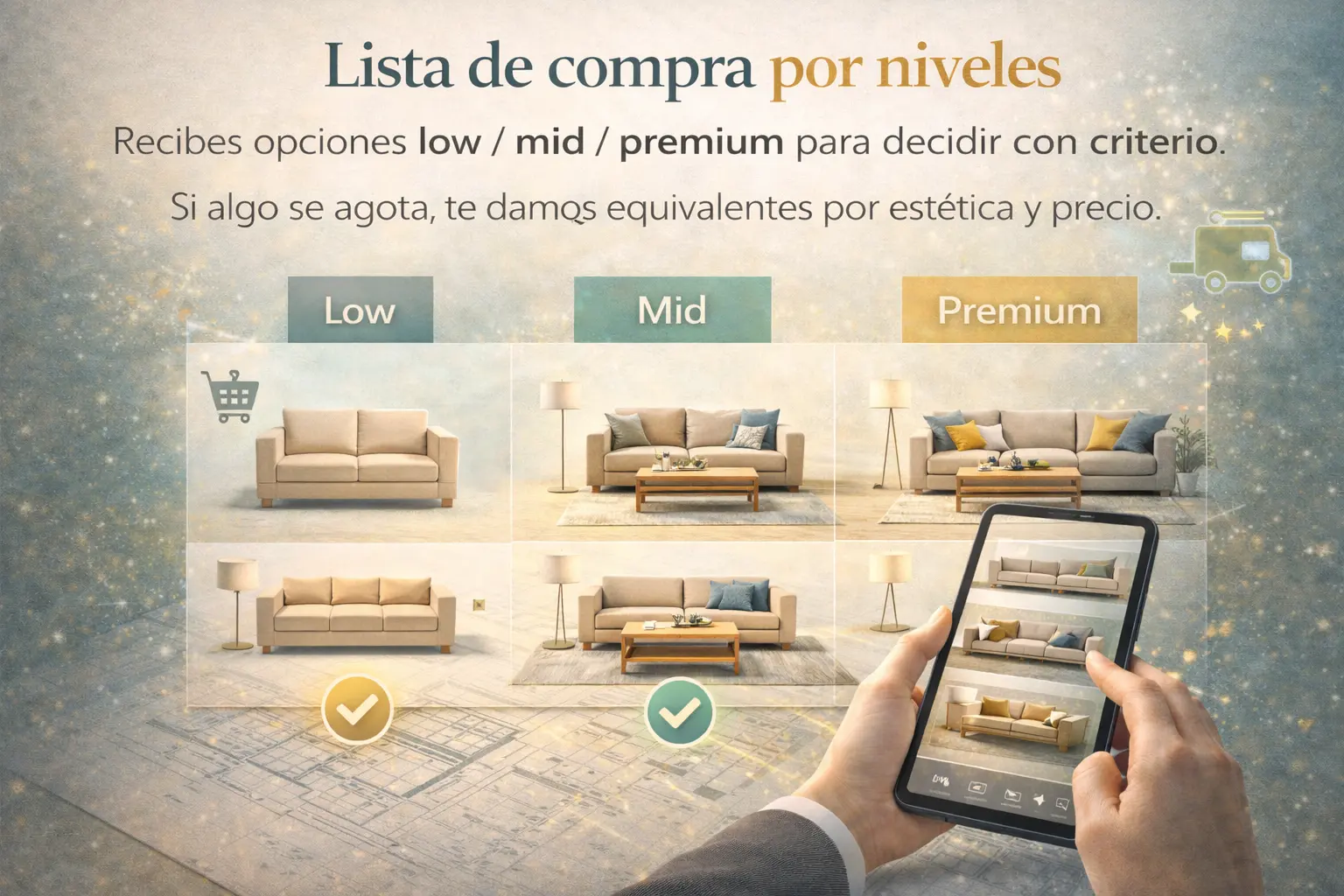 Lista de compra por niveles low mid premium para amueblar una vivienda con criterio