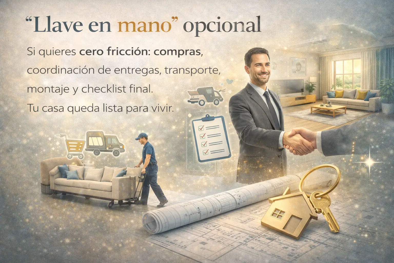 Servicio llave en mano en diseño de interiores con compras, entregas y montaje coordinados